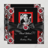 赤い真珠の誕生日パーティブラックシルバーフォト2 招待状 (正面/裏面)