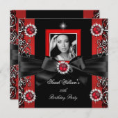 赤い真珠の誕生日パーティブラックシルバーフォト 招待状 (正面/裏面)