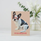 赤い眼鏡をかフランスのけた白黒のブルドッグ ポストカード (スタンド正面)