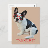 赤い眼鏡をかフランスのけた白黒のブルドッグ ポストカード (正面/裏面)