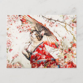 赤い着物とさくらんぼの花で穏やかな芸者ネコ ポストカード