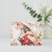 赤い着物とさくらんぼの花で穏やかな芸者ネコ ポストカード (スタンド正面)