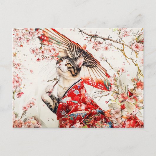 赤い着物とさくらんぼの花で穏やかな芸者ネコ ポストカード (正面)