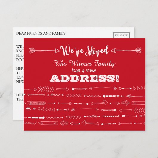 赤い矢モダン印のドードル移動アナウンス 案内ポストカード (正面/裏面)