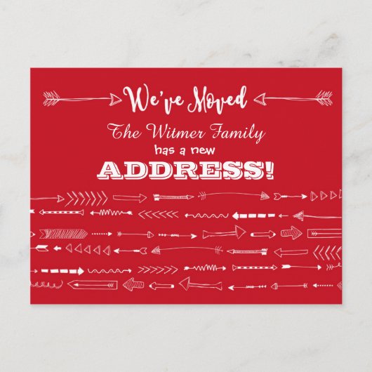 赤い矢モダン印のドードル移動アナウンス 案内ポストカード (正面)
