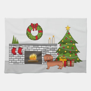 赤い短毛のダックスフンド かわいい犬 - クリスマスの部屋 キッチンタオル