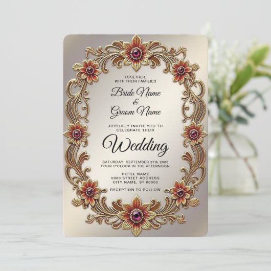 赤い石の付いたゴールドの花枠の結婚式 招待状 (スタンド正面)