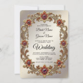 赤い石の付いたゴールドの花枠の結婚式 招待状 (正面)