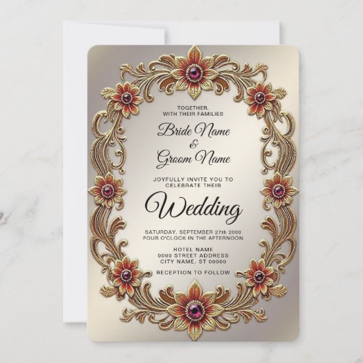赤い石の付いたゴールドの花枠の結婚式 招待状 (正面)