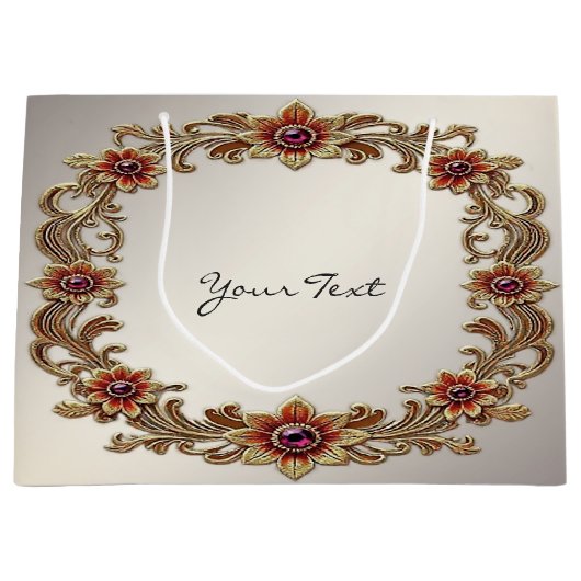 赤い石の付いたゴールドの花柄フレームのギフトバッグ ラージペーパーバッグ (正面)