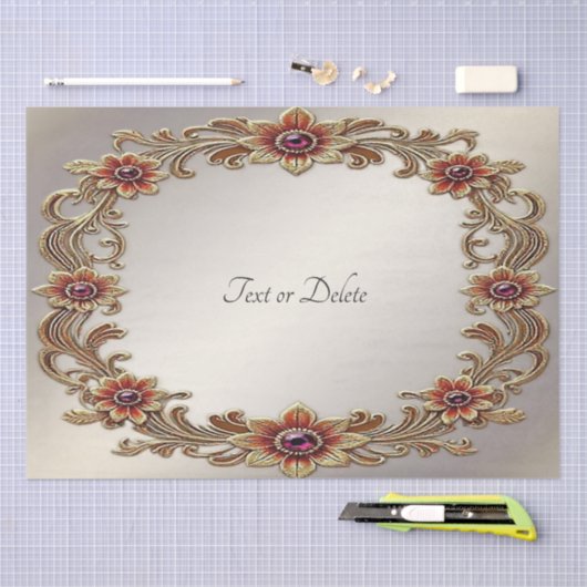 赤い石の付いた金の花模様のフレームのティッシュペーパー 薄葉紙 (クラフト)