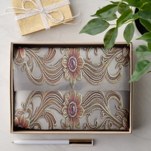 赤い石の付いた金の花模様のフレームのティッシュペーパー 薄葉紙 (ギフト)