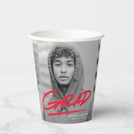 赤い破モダン線の写真の卒業式 紙コップ (正面)