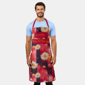 赤い禅デイジーキッチンアートリラックスのパターン エプロン (着用した状態)