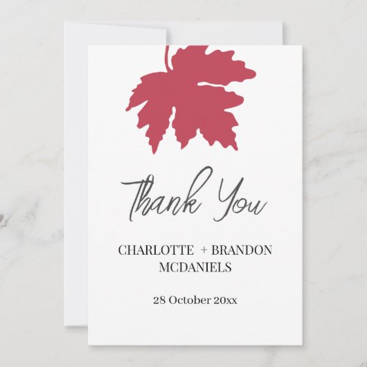 赤い秋のイロハカエデの葉 ウェディング サンクス サンキューカード (正面)