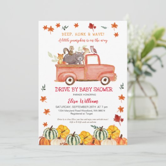 赤い秋のカボチャ秋のドライブバイベイビーシャワー 招待状 (スタンド正面)