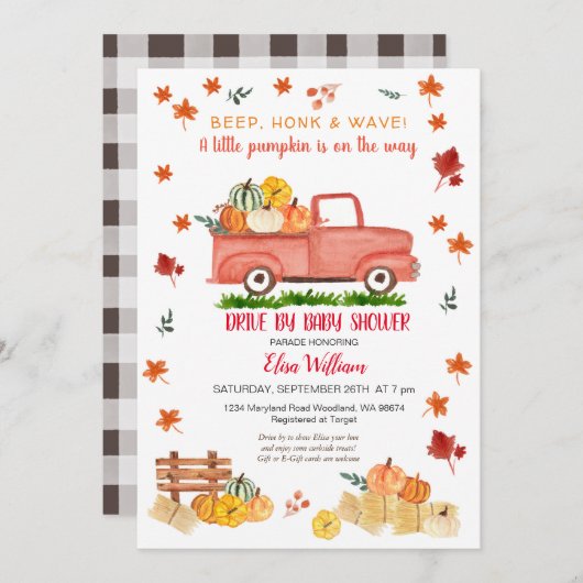 赤い秋のカボチャ秋のドライブバイベイビーシャワー 招待状 (正面/裏面)