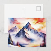赤い空の下の雪に覆われた山々的水彩画 ポストカード (正面/裏面)