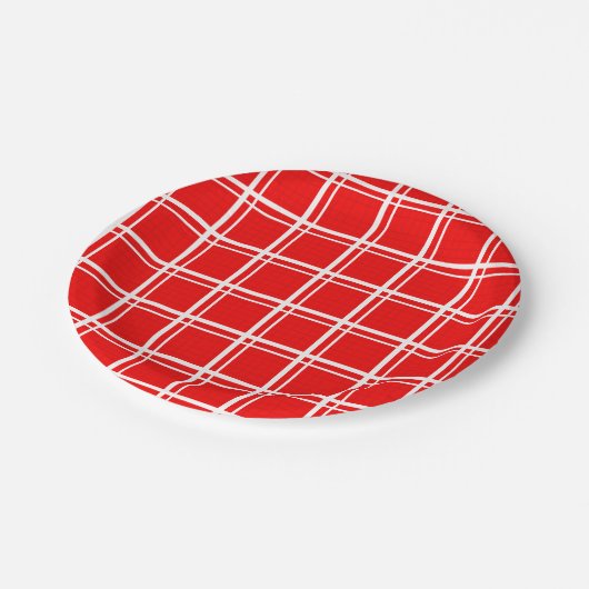 赤い窓ガラス格子格子のパタストライプーンデザイン ペーパープレート (アングル)