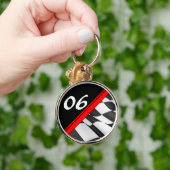 赤い競争のストライプのチェック模様の旗数Keychain キーホルダー (手)
