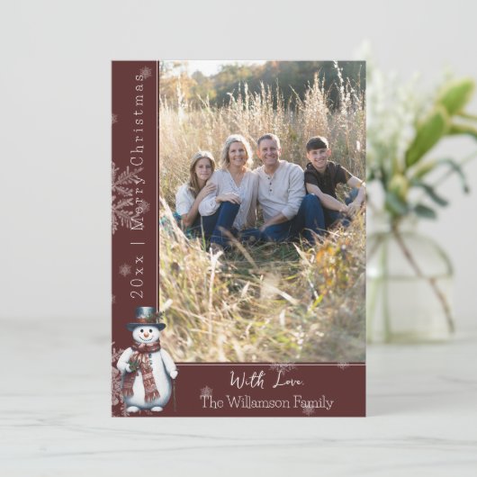 赤い笑顔の雪だるまフォトホリデーカード シーズンカード (スタンド正面)
