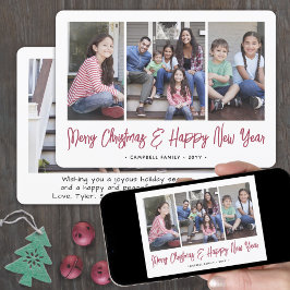 赤い筆記体のクリスマスと新年の4枚の写真 シーズンカード