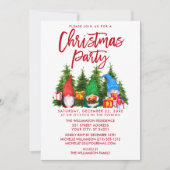 赤い筆記体の水彩ノームのクリスマスパーティー 招待状 (正面)