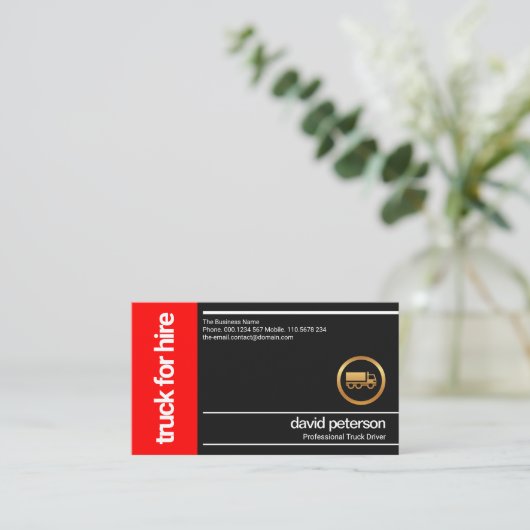 赤い箱のシャープな白い線を打つトラックの運転手 名刺 (スタンド正面)