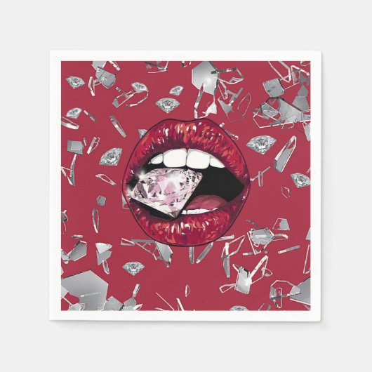 赤い粉々のガラスとダイヤモンド スタンダードカクテルナプキン (正面)