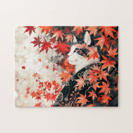 赤い紅葉の下の黒白の芸者猫 ジグソーパズル