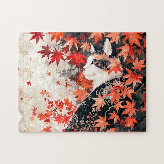 赤い紅葉の下の黒白の芸者猫 ジグソーパズル (横)