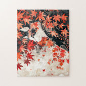 赤い紅葉の下の黒白の芸者猫 ジグソーパズル (縦)