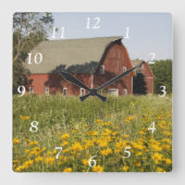 赤い納屋および黄色い野生の花の正方形の時計 スクエア壁時計 (正面)