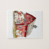 赤い納屋かわいい牛のチキンボーイ誕生日パーティギフト ジグソーパズル (横)