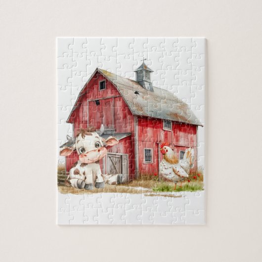赤い納屋かわいい牛のチキンボーイ誕生日パーティギフト ジグソーパズル (縦)