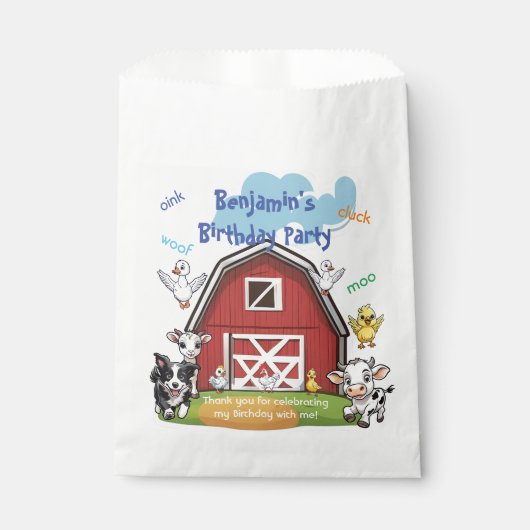 赤い納屋と可愛い農園動物の誕生日パーティー フェイバーバッグ (正面)