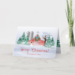 赤い納屋のクリスマスリースと雪だるま シーズンカード