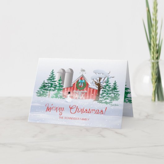 赤い納屋のクリスマスリースと雪だるま シーズンカード (正面)