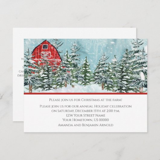 赤い納屋のクリスマス・ホリデーパーティー招待状 ポストカード (正面/裏面)