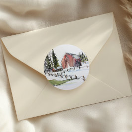 赤い納屋のステッカー、雪の冬の日のインク水色 ラウンドシール