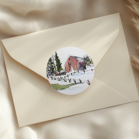 赤い納屋のステッカー、雪の冬の日のインク水色 ラウンドシール