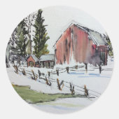 赤い納屋のステッカー、雪の冬の日のインク水色 ラウンドシール (正面)