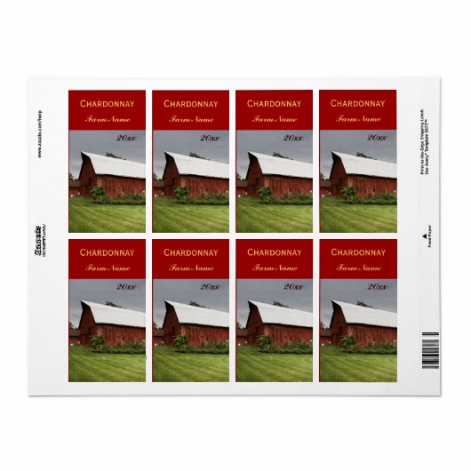 赤い納屋のワインのボトルラベル付きの国の風景 ラベル (フルシート)