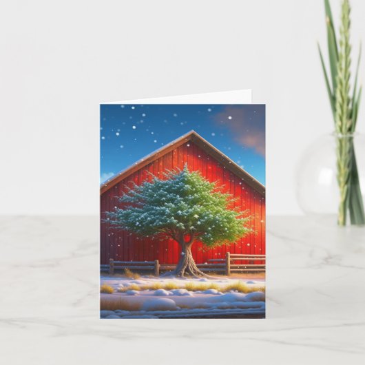 赤い納屋の冬のクリスマスシーン シーズンカード (正面)