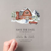 赤い納屋の冬のクリスマス結婚式のSave the Date アクリル招待状 (インサイチュ (ポータブル))