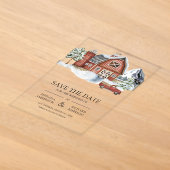 赤い納屋の冬のクリスマス結婚式のSave the Date アクリル招待状 (レイダウン)