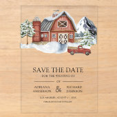 赤い納屋の冬のクリスマス結婚式のSave the Date アクリル招待状 (正面)