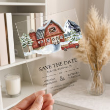 赤い納屋の冬のクリスマス結婚式のSave the Date