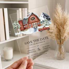 赤い納屋の冬のクリスマス結婚式のSave the Date アクリル招待状