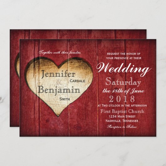 赤い納屋の木製のハートの国の結婚式招待状 招待状 (正面/裏面)